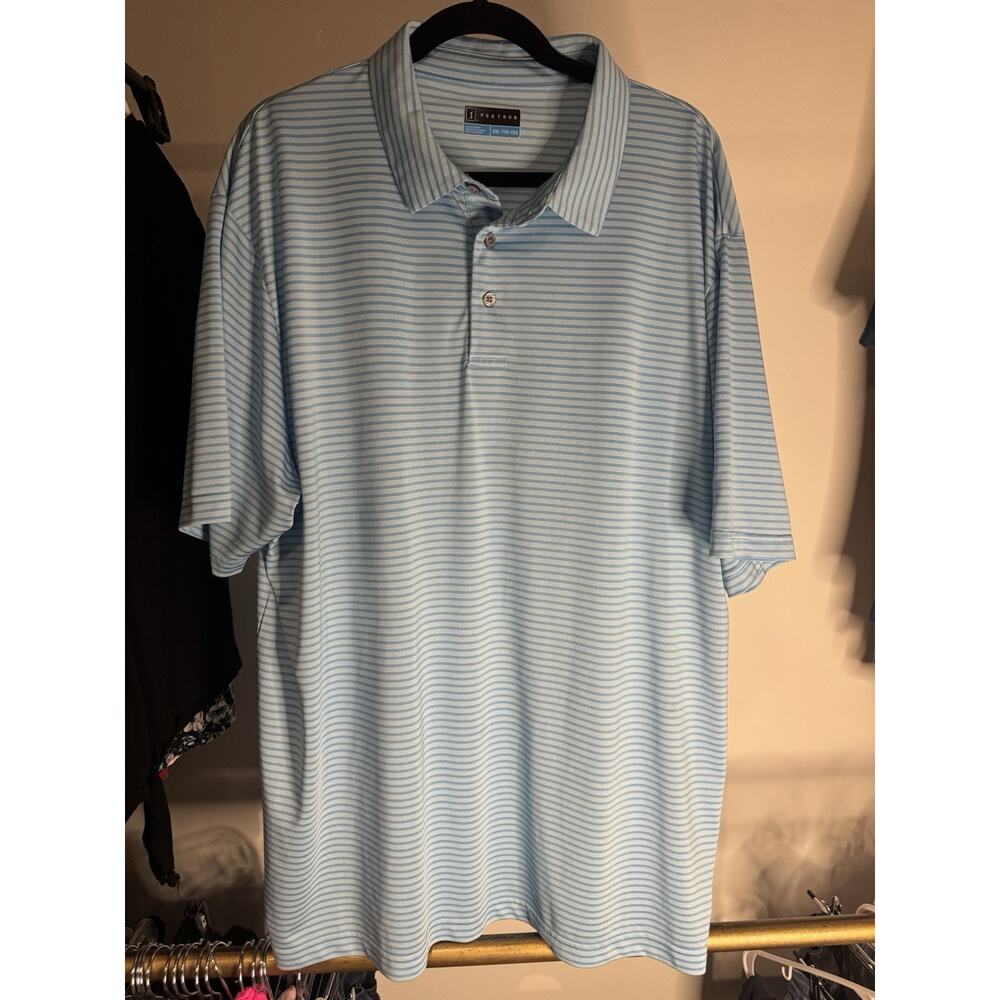 PGA TOUR Polo‎ Shirt Men's Size 2XL Light Blue Striped 100% Golf Performance